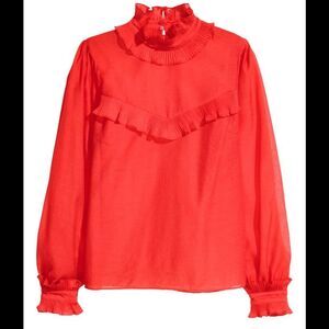 H&M Women's Frilled crêpe Ruffle Blouse Red 6 Long Sleeve Sheer Holiday Trendy
